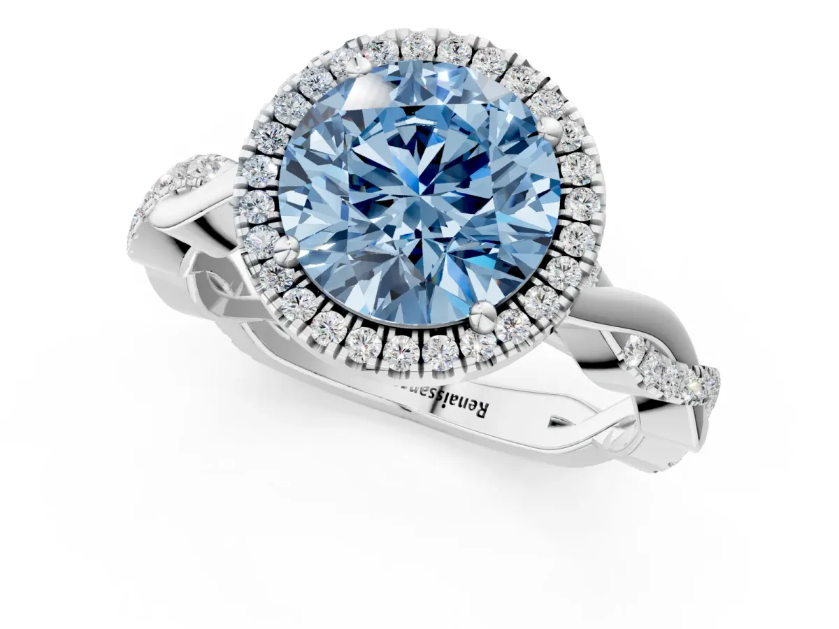 Fancy Blue Round Cut Cut Halo Twisted Band Four-Prong Ring Platinum
