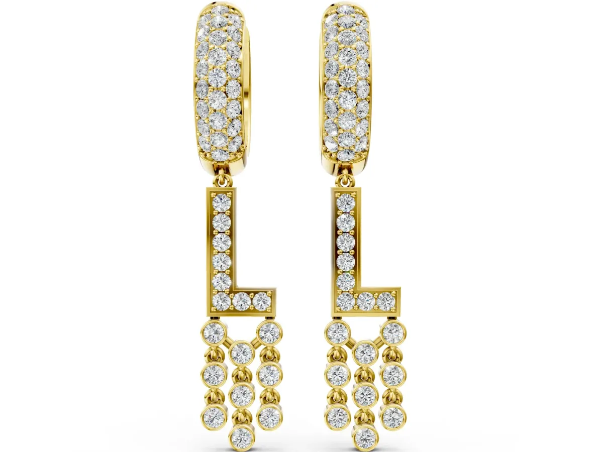 Round Diamond Initial L Huggie Hoop Earrings Yellow gold