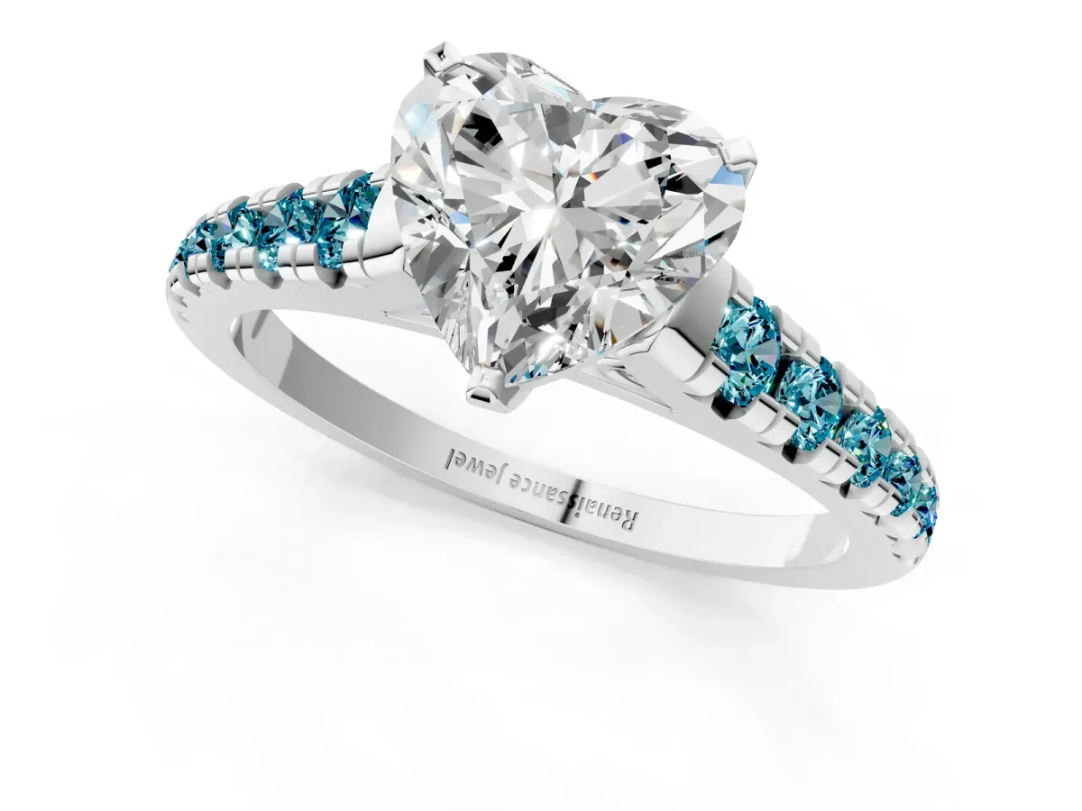 Heart Cut Diamond Cathedral Solitaire Ring with Round Blue Topaz Pavé Band Silver