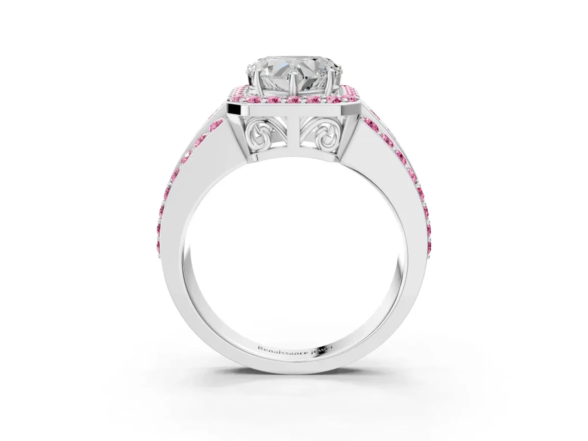 Heart Cut Halo Diamond Ring with Round Pink Sapphire Split Shank and Prong Setting Silver