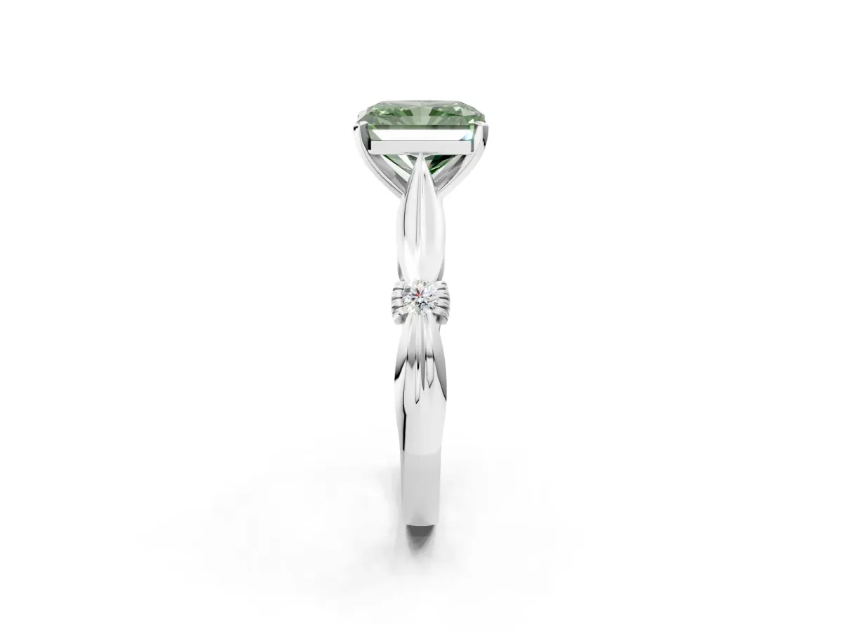 Fancy Green Radiant Cut Solitaire Diamond Twisted Band with Four-Prong Setting Platinum