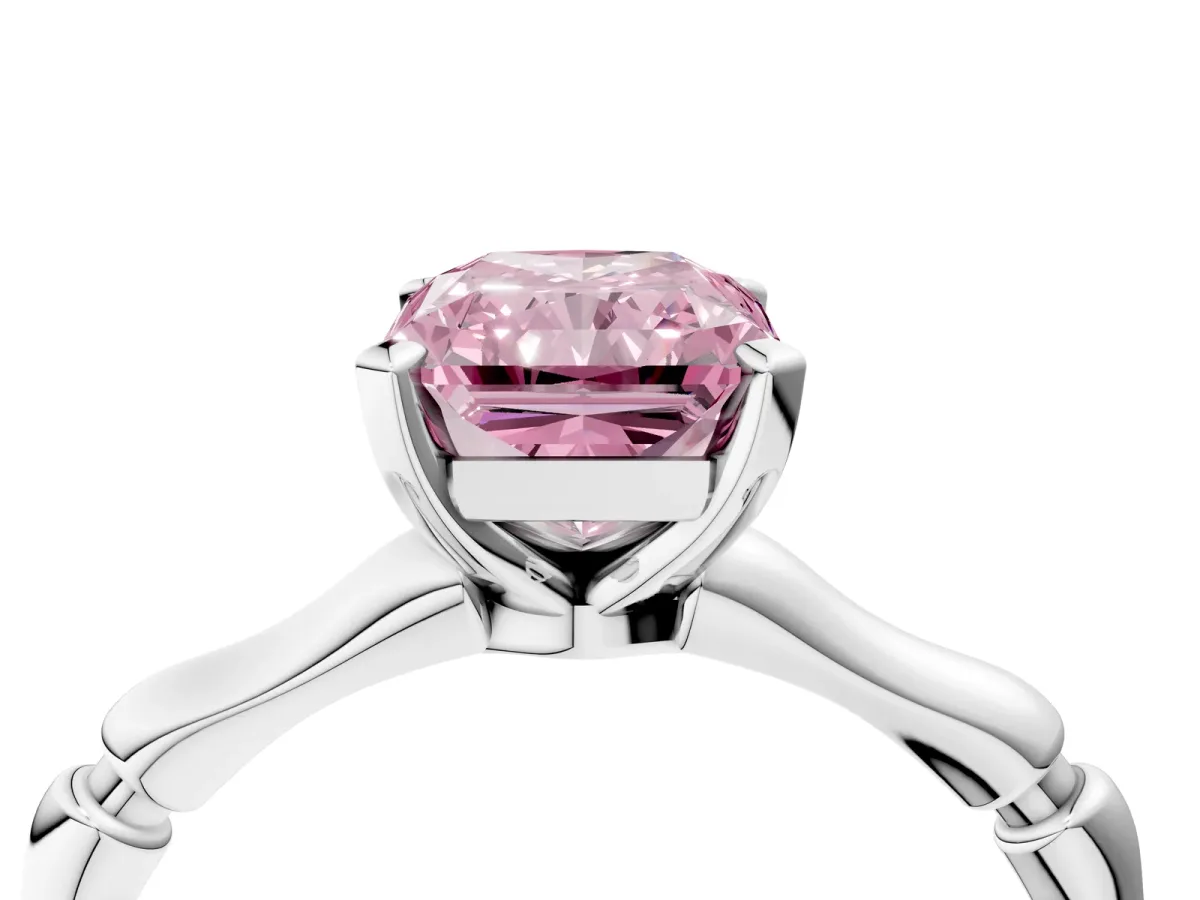 Fancy Pink Radiant Cut Solitaire Diamond Ring with Bamboo Band and Four-Prong Setting Platinum