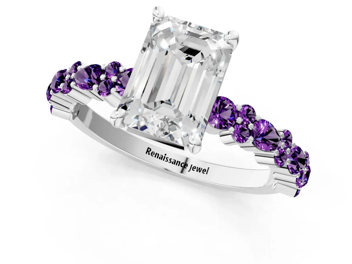 Emerald Cut Diamond Side Stone Solitaire Ring with Round Amethyst and Four-Prong Setting Silver