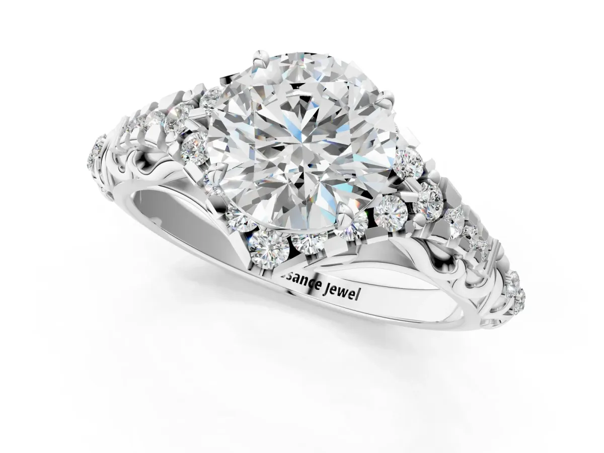 Round Cut Diamond Solitaire Ring with Hidden Halo and Pavé Band Silver