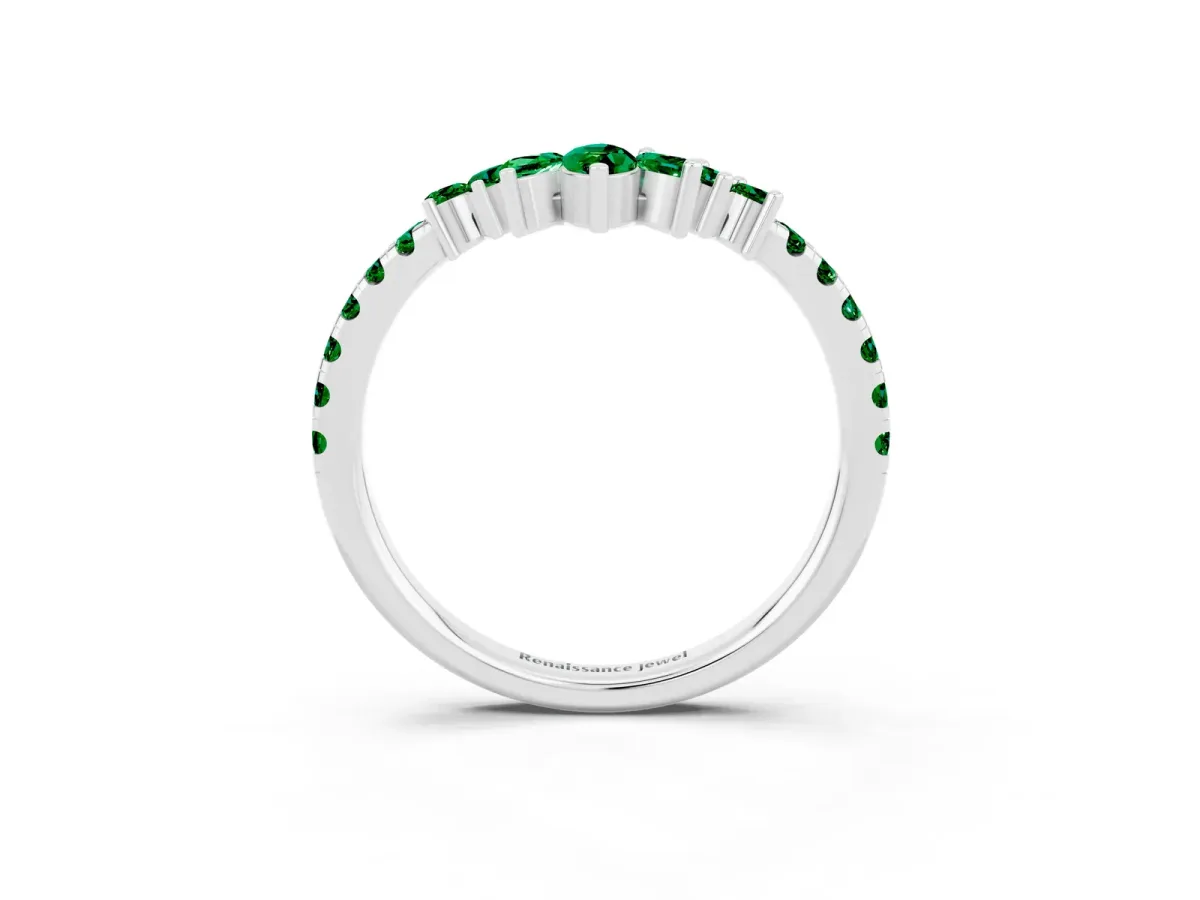 Chevron Marquise and Round Emerald Open Band with Prong Setting Silver