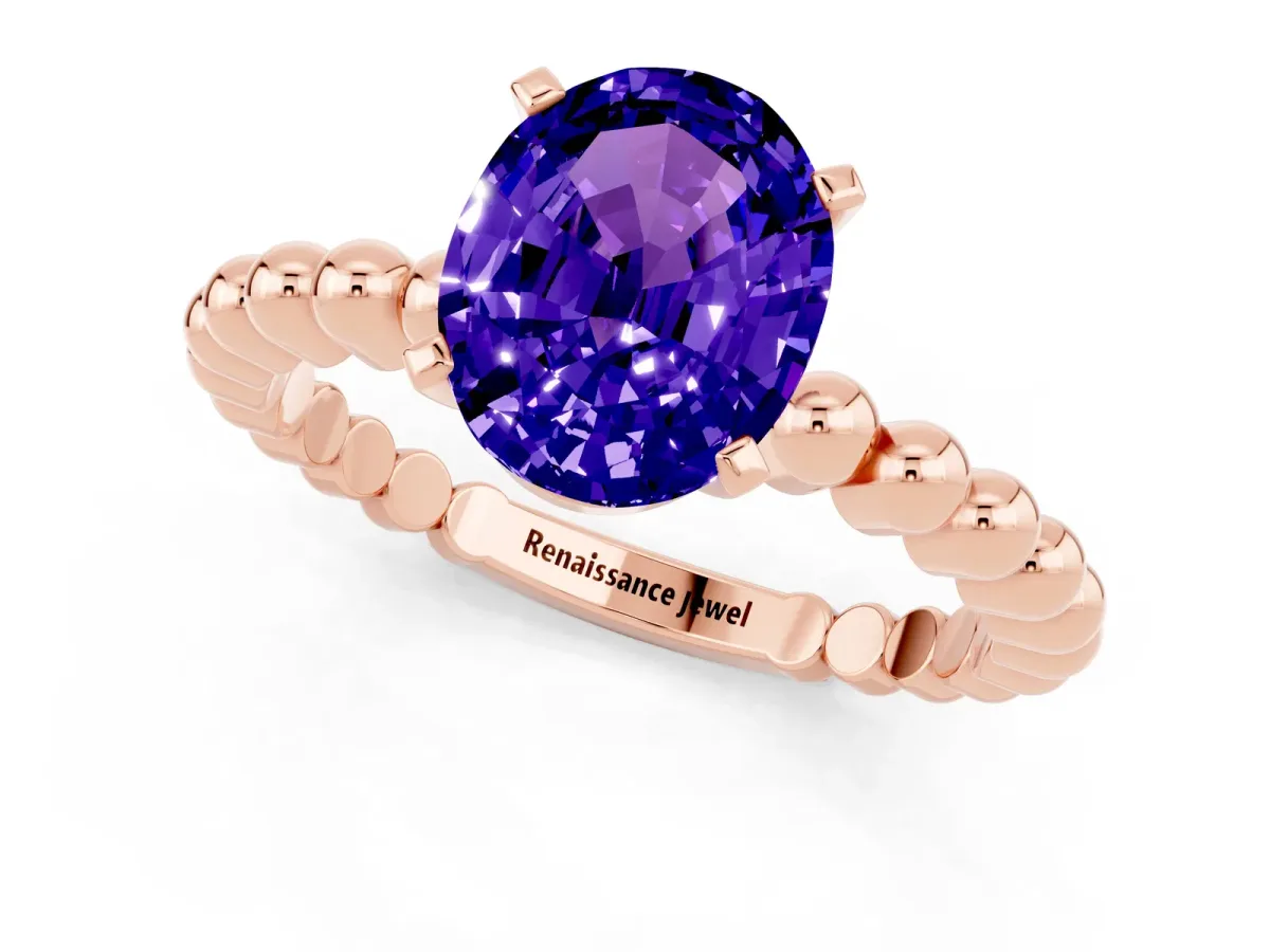 Oval Cut Tanzanite Solitaire Ring with Beaded Band and Prong Setting Rose gold