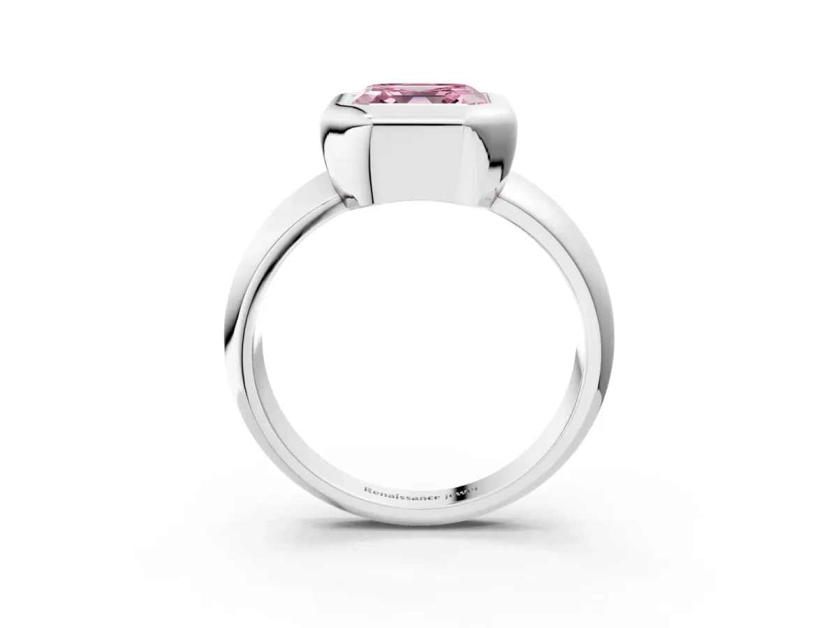 Fancy Pink Bezel Set Asscher Cut Solitaire Ring with Wide Band Platinum