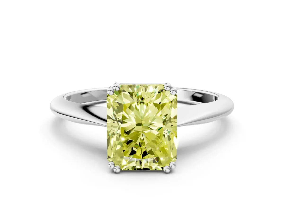 Fancy Yellow Radiant Cut Solitaire Diamond Ring with Six-Prong Setting and Classic Band Platinum