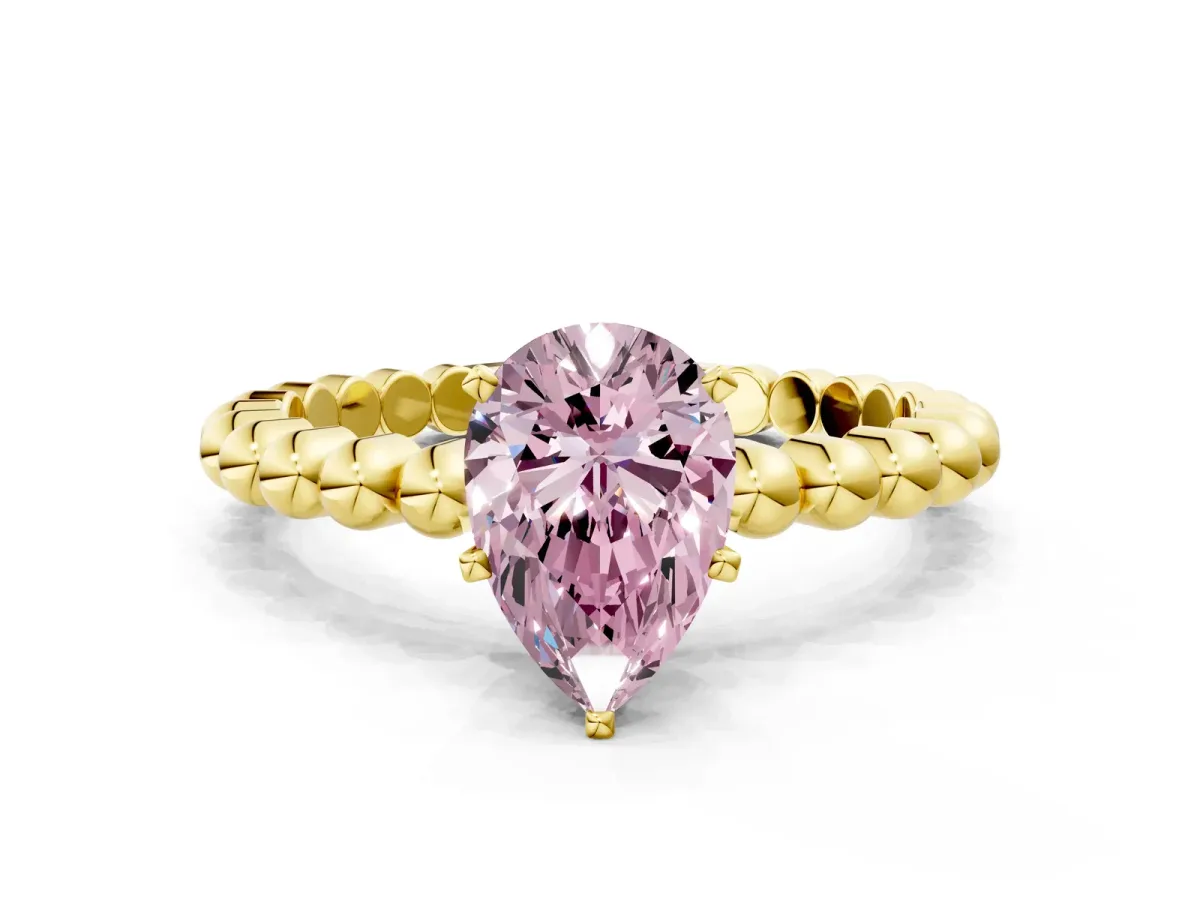 Fancy Pink Pear Cut Diamond Solitaire Ring with Beaded Band and Prong Setting Yellow gold