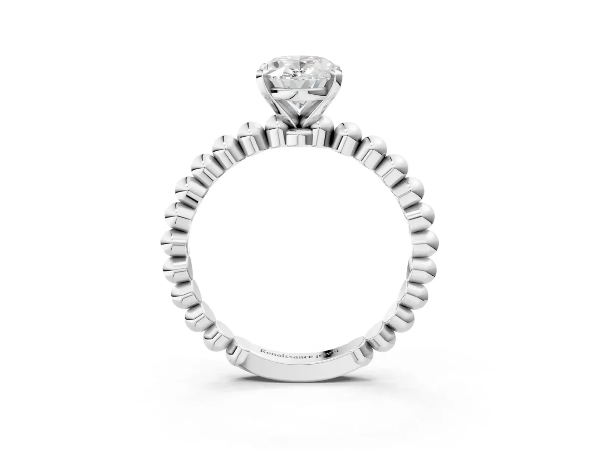 Oval Cut Diamond Solitaire Ring with Beaded Band and Prong Setting Platinum