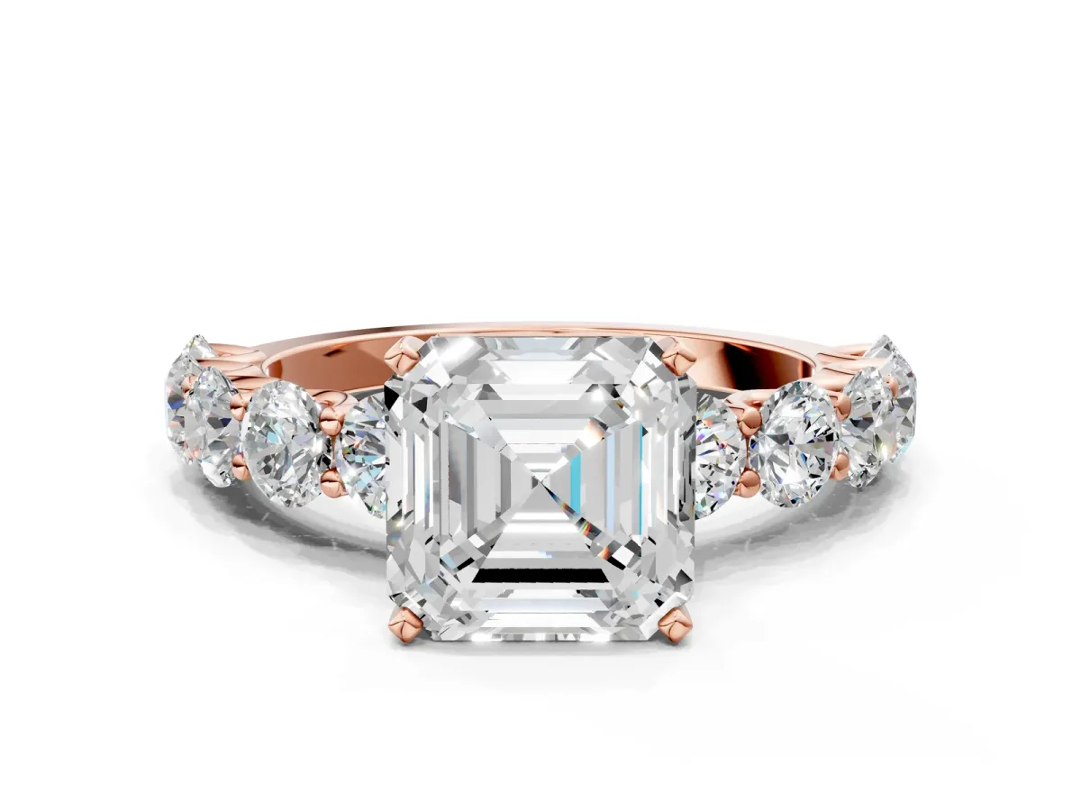 Asscher Cut Diamond Prong Setting with Side Stones on a Pave Band Rose gold