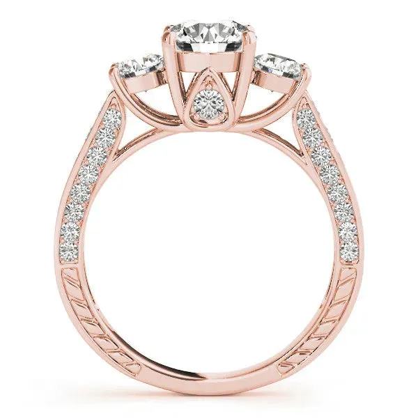 Three-Stone Round Cut Cut Diamond Engagement Ring with Split Shank and Prong Setting Rose gold