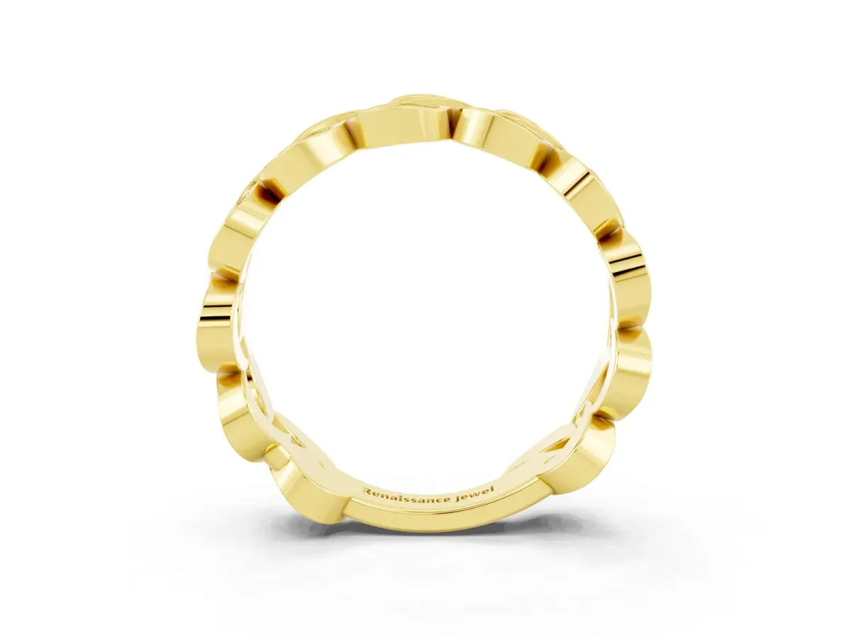 Pavé Round Green Sapphire Interlocking Eternity Band with Bezel Prong Setting Yellow gold