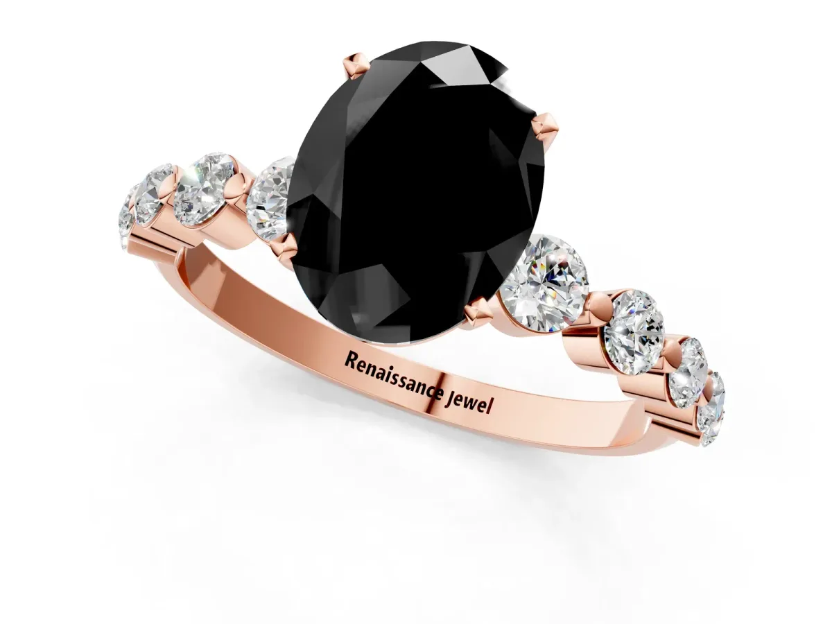 Fancy Black Oval Cut Solitaire Diamond Ring with Pave Band and Four-Prong Setting Rose gold