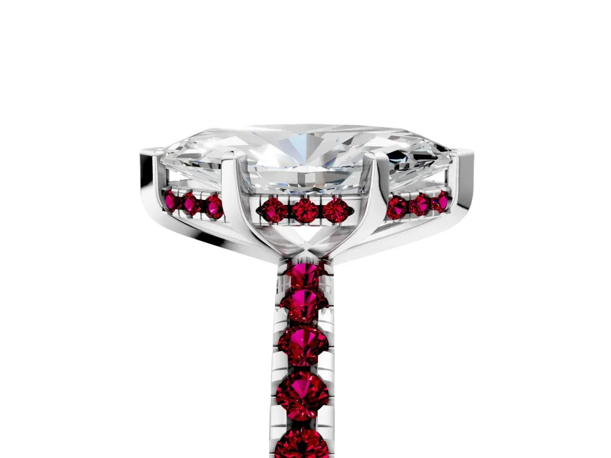 Marquise Cut Diamond Solitaire Ring with Round Garnet Pavé Band and Four-Prong Setting Silver