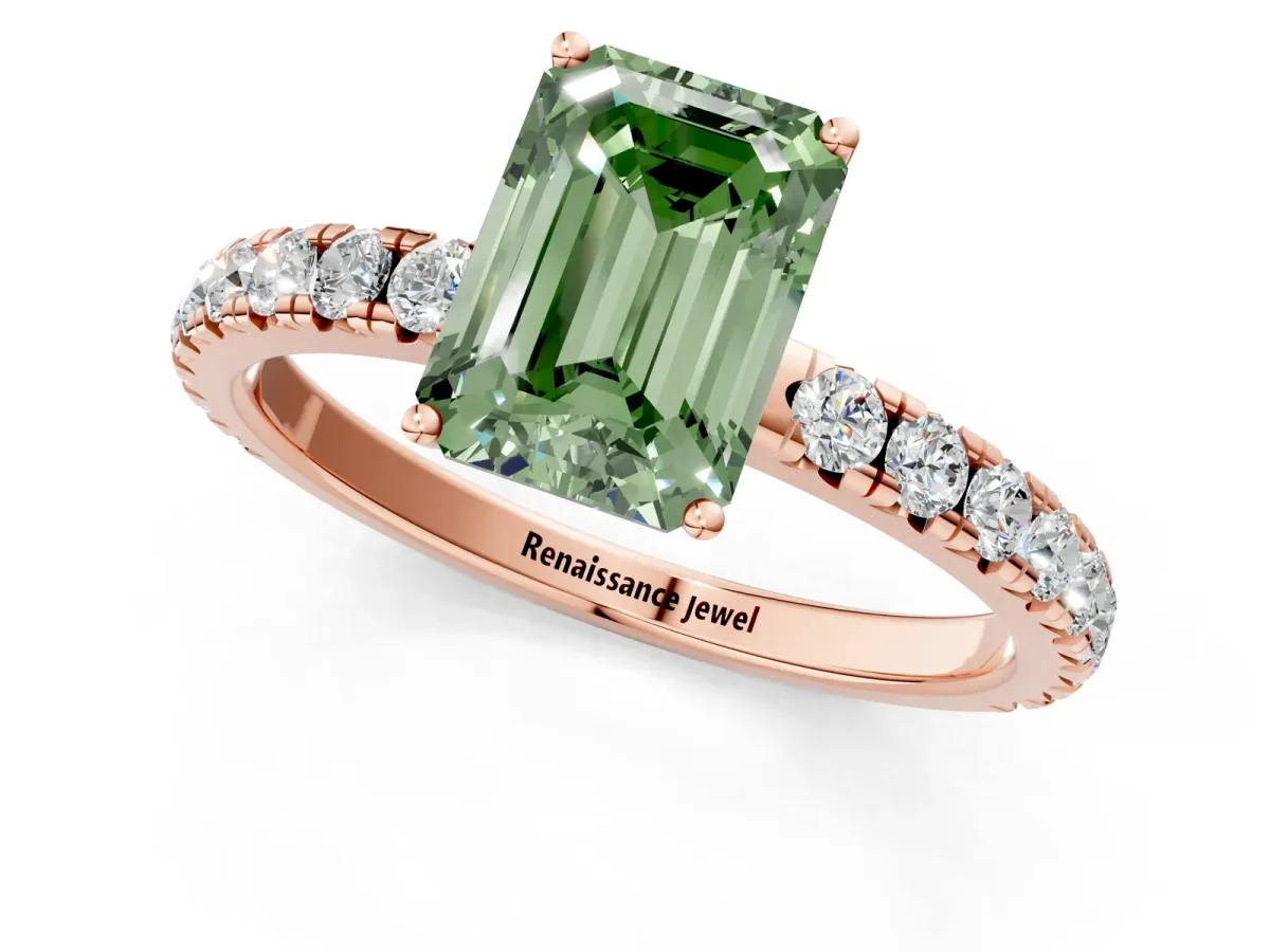 Fancy Green Emerald Cut Diamond Pavé Solitaire Engagement Ring with Four-Prong Setting Rose gold