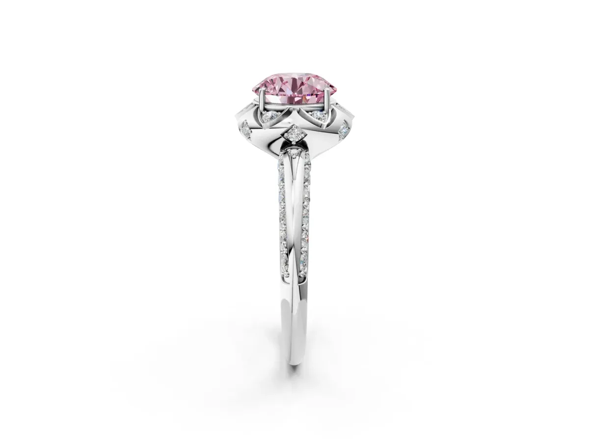 Fancy Pink Round Cut Halo Split Shank Pave Diamond Ring with Petal Prong Setting Platinum