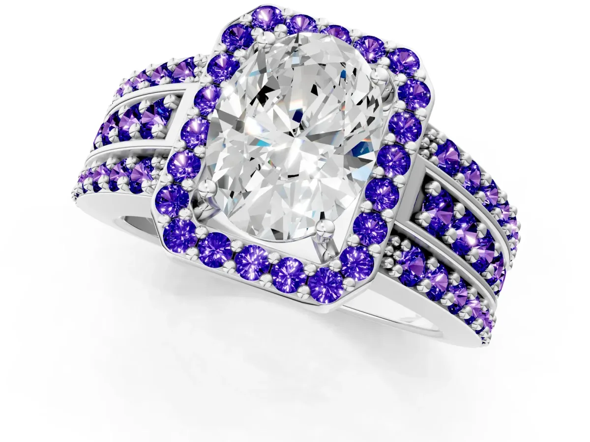 Oval Cut Halo Diamond Ring with Round Tanzanite Split Shank and Prong Setting Silver