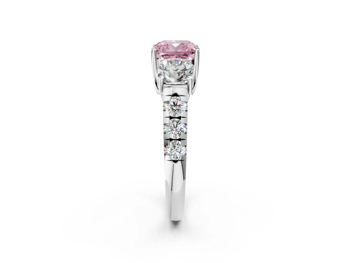 Fancy Pink Three-Stone Cushion Cut Diamond Pavé Band with Prong Setting Platinum