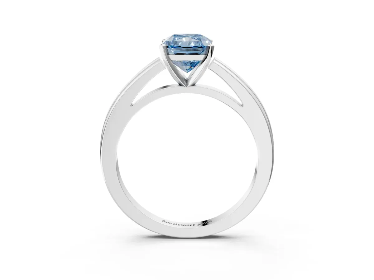 Fancy Blue Radiant Cut Solitaire Diamond Ring with Four-Prong Setting and Classic Band Platinum