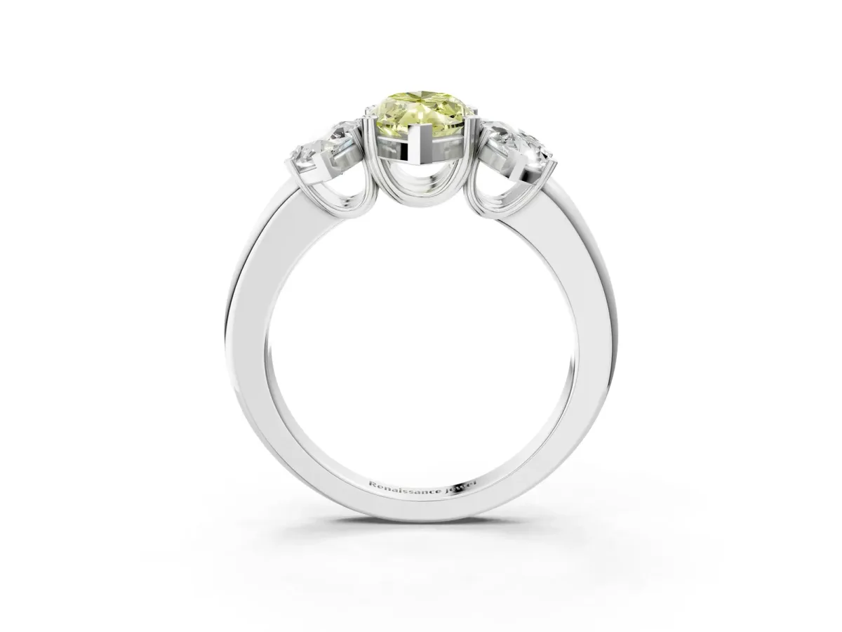 Fancy Yellow Three-Stone Marquise Cut Cut Diamond Ring with Channel Set Band and Four-Prong Setting Silver