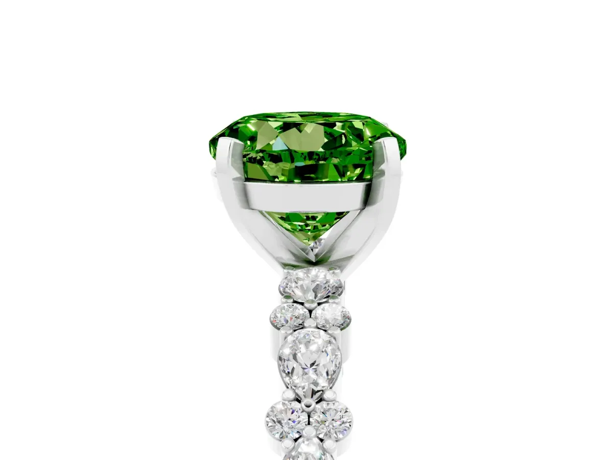 Round Cut Peridot Side Stone Solitaire Ring with Round and Four-Prong Setting Platinum