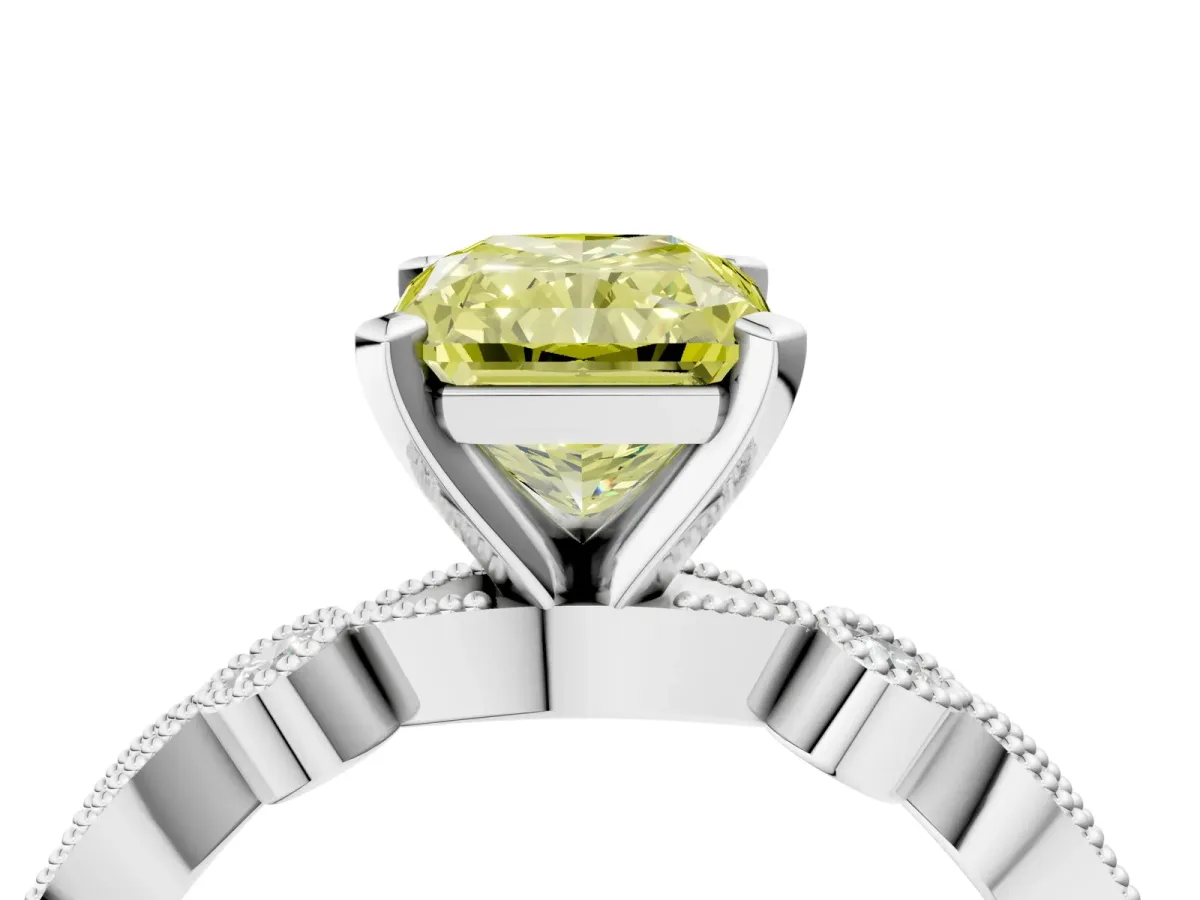 Fancy Yellow Radiant Cut Milgrain Bezel Diamond Engagement Ring with Solitaire Prong Setting Platinum