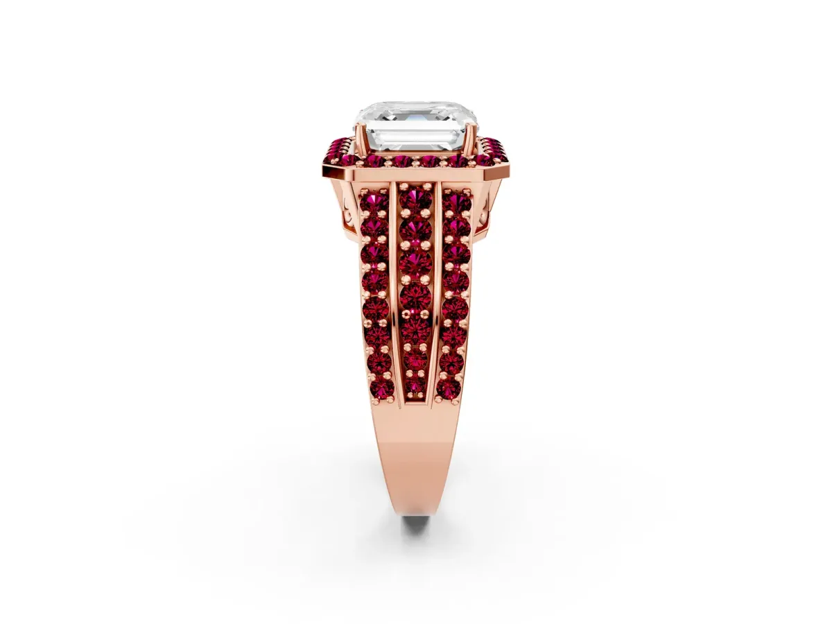 Asscher Cut Halo Diamond Ring with Round Garnet Split Shank and Prong Setting Rose gold