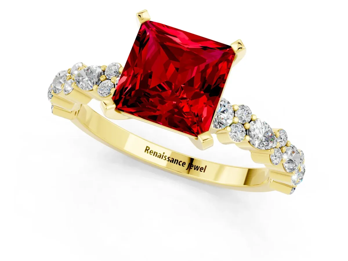 Princess Cut Ruby Side Stone Solitaire Ring with Round and Four-Prong Setting Yellow gold