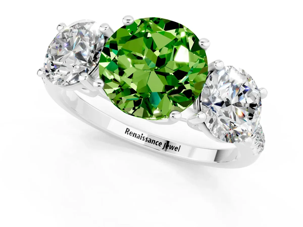 Three-Stone Round Cut Peridot Ring with Round Pavé Band and Prong Setting Platinum