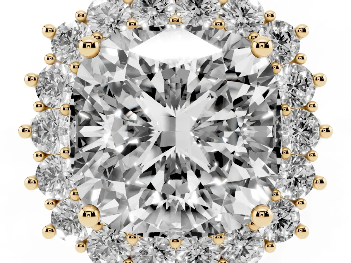 Cushion Diamond Halo Engagement Ring with Round Diamond Accents Yellow gold