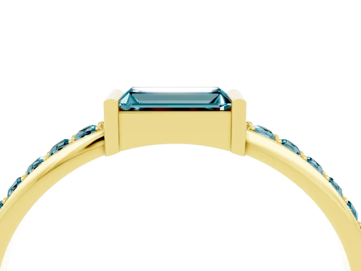 Baguette Blue Topaz Pavé Band with Bar Setting Yellow gold