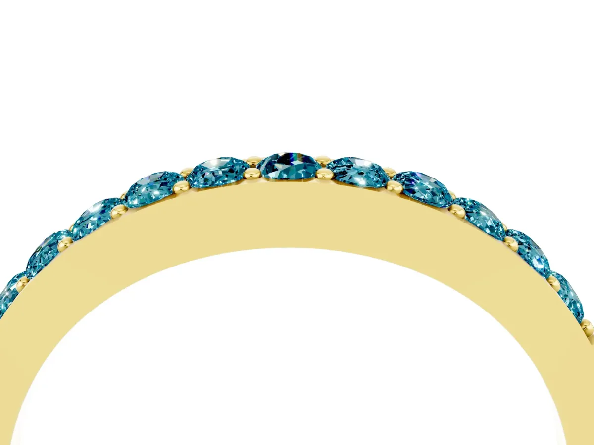 Round Blue Topaz Curved Wedding Band with Channel Setting Yellow gold
