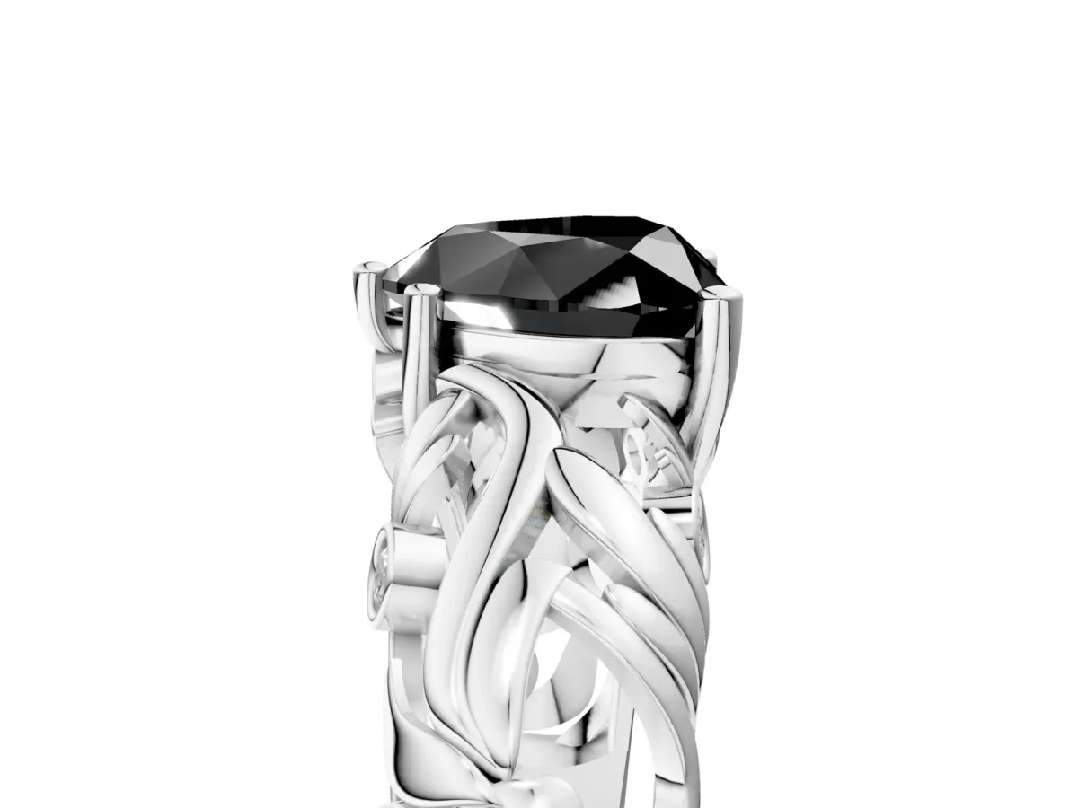 Fancy Black Heart Cut Solitaire Diamond Leaf-Inspired Vine Band Ring with Prong Setting Platinum