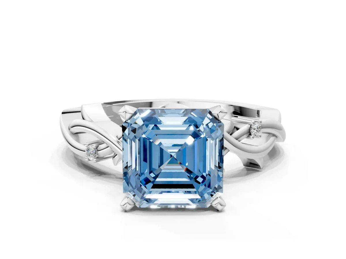 Fancy Blue Asscher Cut Diamond Solitaire Ring with Twisted Band and Prong Setting Platinum