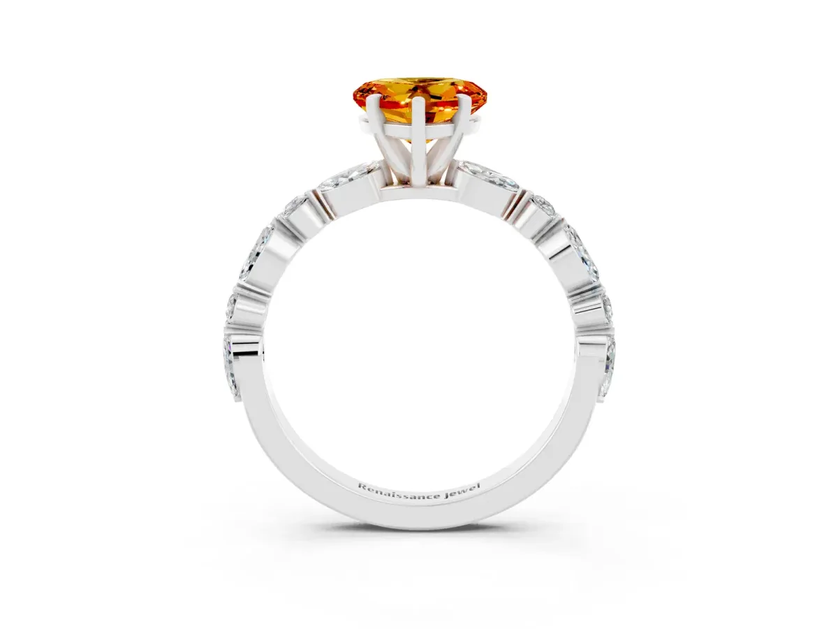 Heart Cut Citrine Ring with Marquise and Round Side Stones and Four-Prong Setting Silver