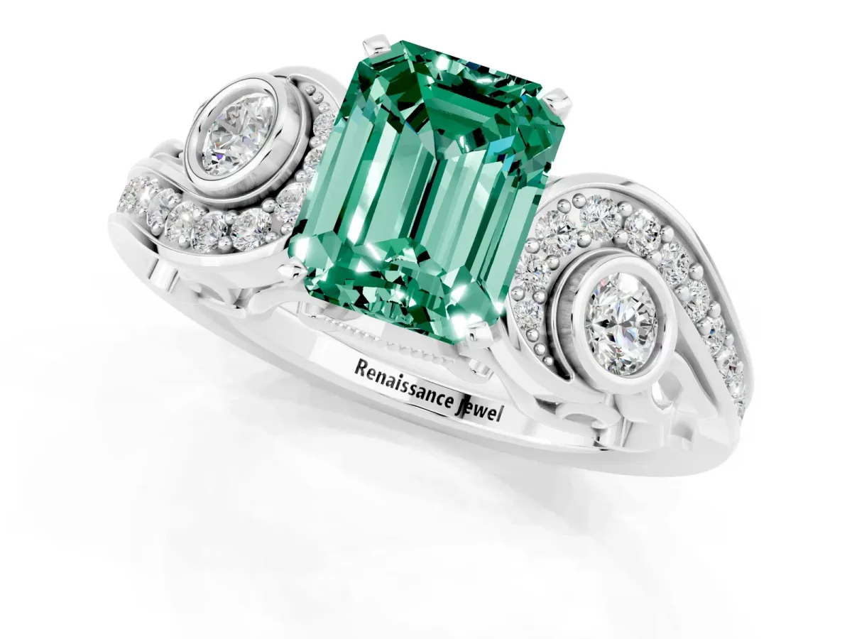 Emerald Cut Green Sapphire Solitaire Ring with Milgrain Pavé Band and Four-Prong Setting Silver