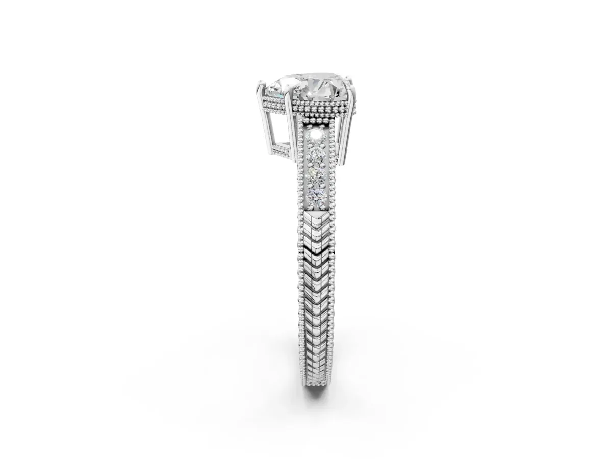 Heart Cut Diamond Ring with Milgrain Pavé Band and Four-Prong Setting Platinum
