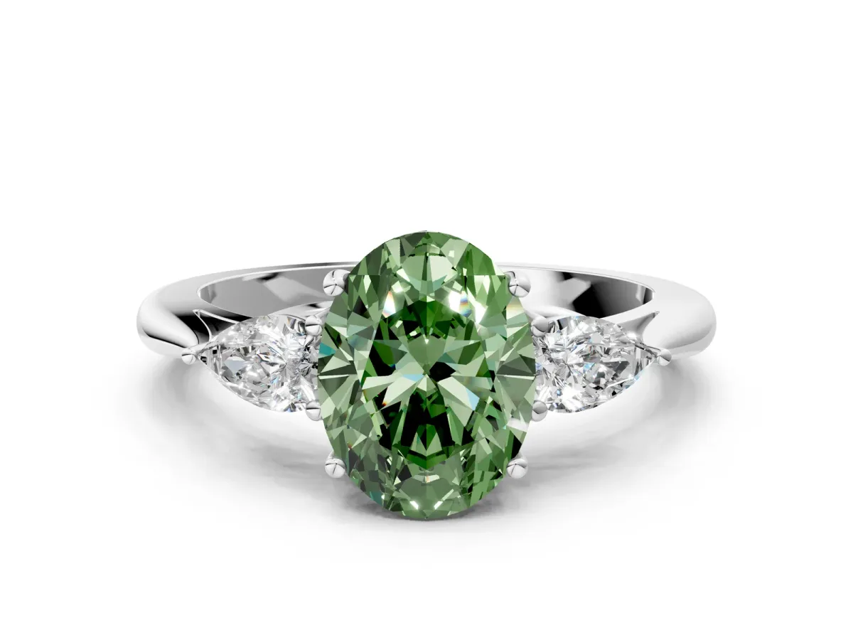 Fancy Green Three-Stone Oval Cut Diamond Ring with Pear Side Stones in Four-Prong Setting White gold