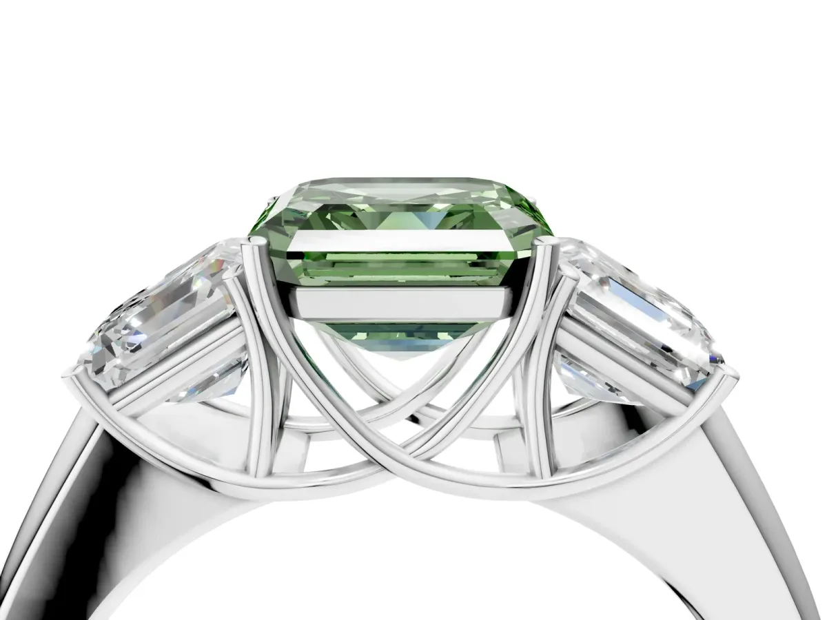Fancy Green Three-Stone Asscher Cut Cut Diamond Ring with Prong Setting and Classic Band Platinum