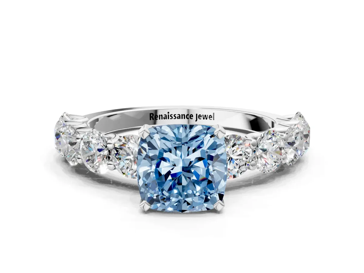 Fancy Blue Cushion Cut Diamond Prong Setting with Side Stones on a Pave Band Silver