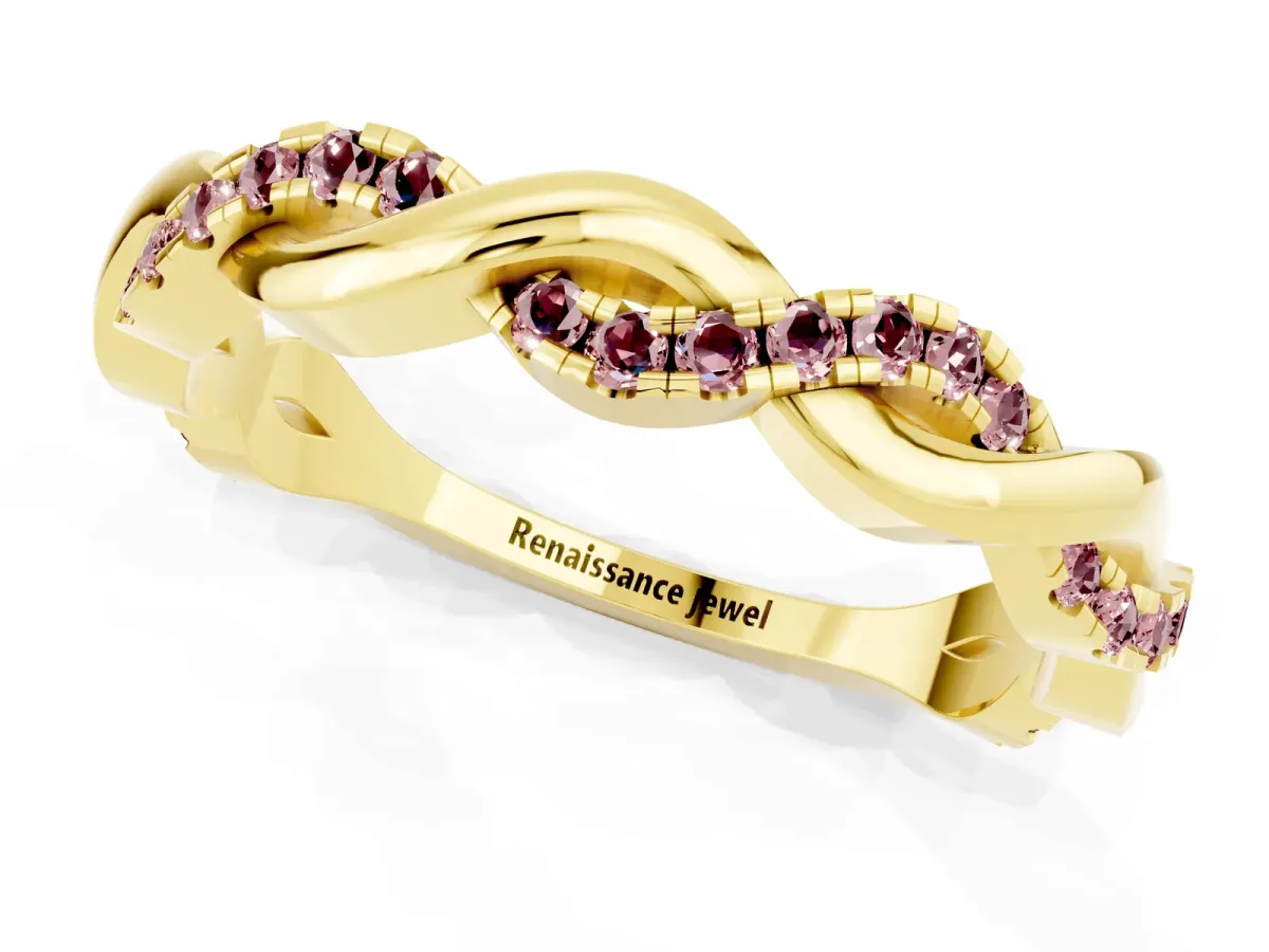 Round Morganite Twist Eternity Band with Pavé Setting Yellow gold