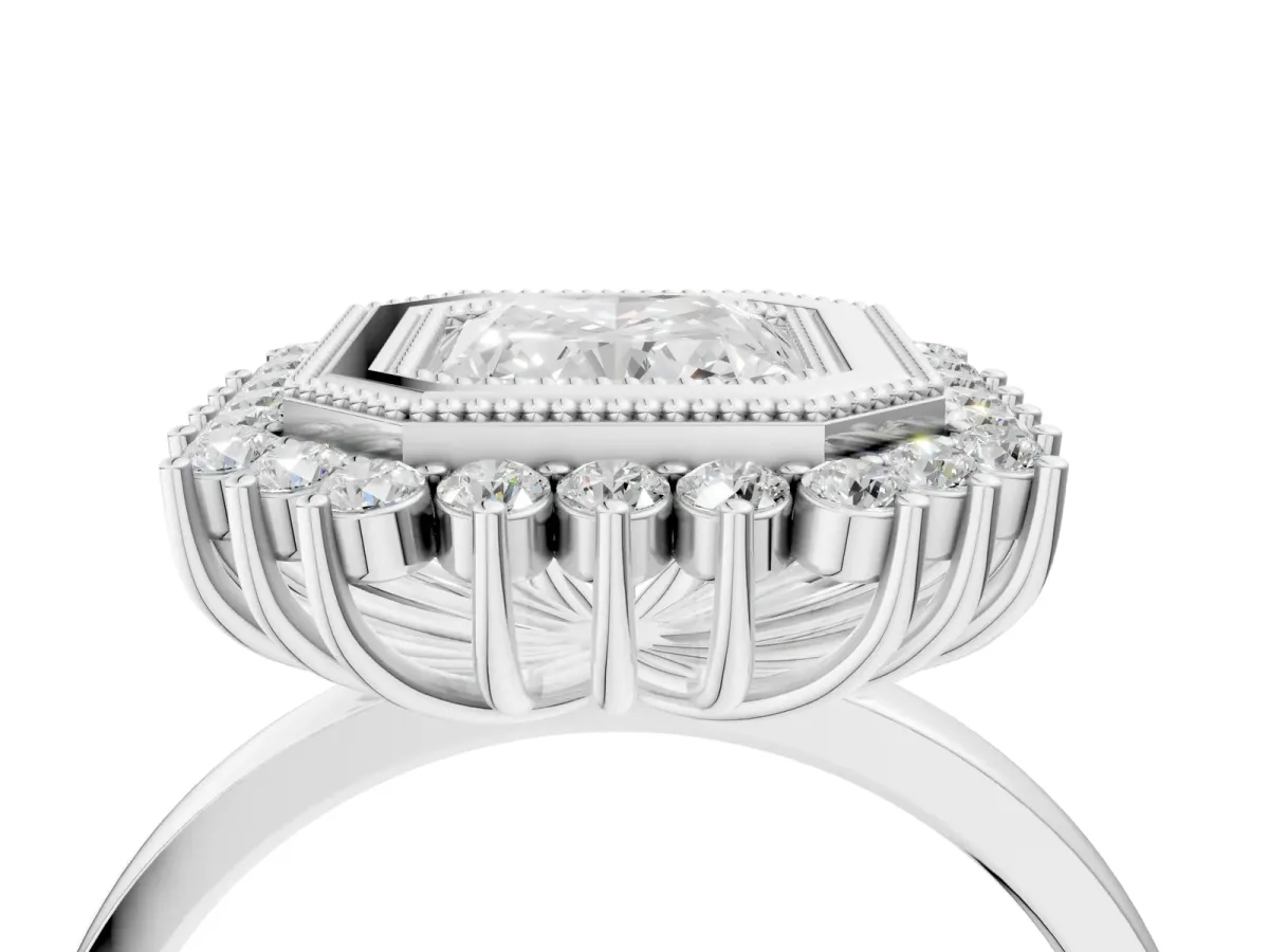 Radiant Cut Halo Diamond Ring with Milgrain Edge and Round Prong Setting Platinum