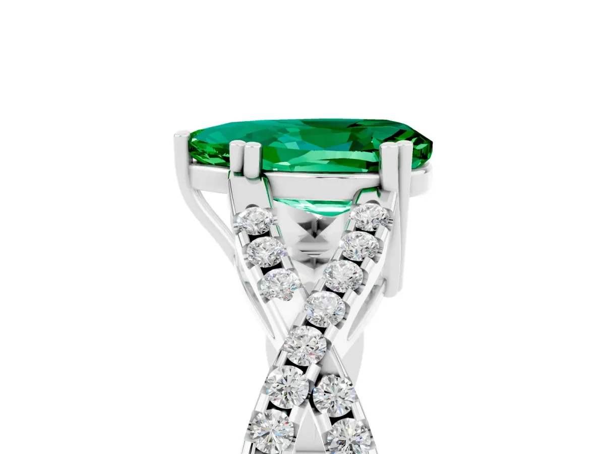 Pear Cut Emerald Solitaire Ring with Four-Prong Setting and Twisted Pavé Band Platinum