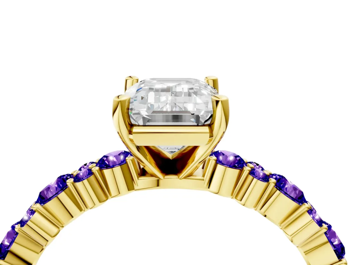 Emerald Cut Diamond Side Stone Solitaire Ring with Round Tanzanite and Four-Prong Setting Yellow gold