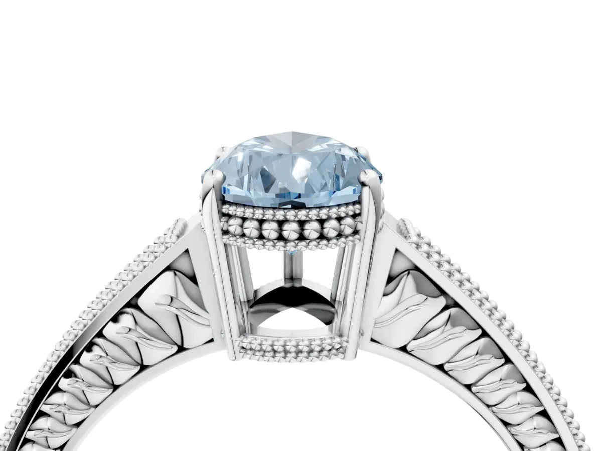Fancy Blue Pear Cut Diamond Ring with Milgrain Pavé Band and Four-Prong Setting Platinum
