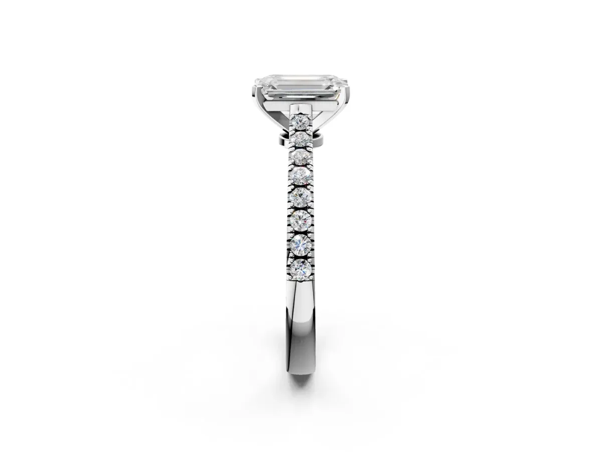 Emerald Cut Cut Solitaire Diamond Engagement Ring with Pave Band and Four-Prong Setting Silver