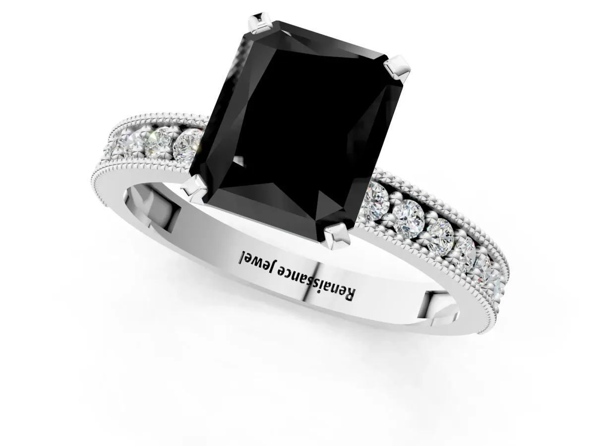 Fancy Black Radiant Cut Diamond Milgrain Pavé Engagement Ring with Four-Prong Setting Platinum