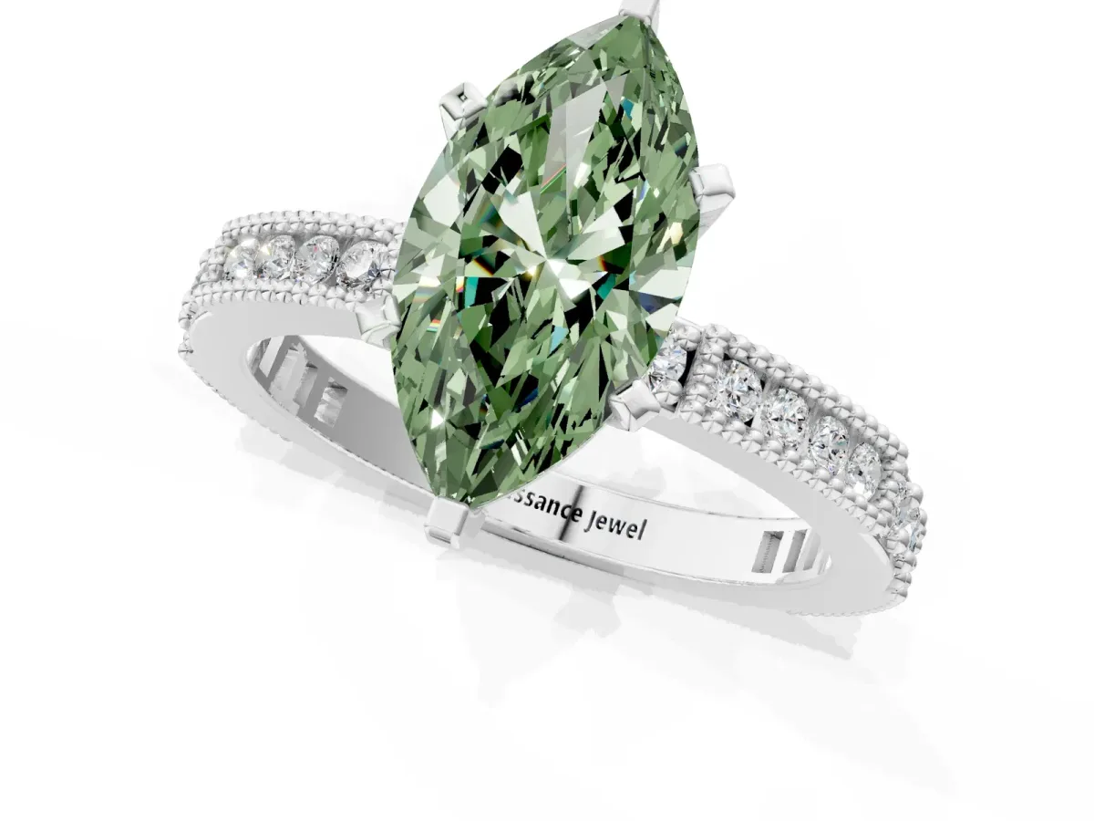 Fancy Green Marquise Cut Solitaire with Pavé Band and Four-Prong Setting Silver