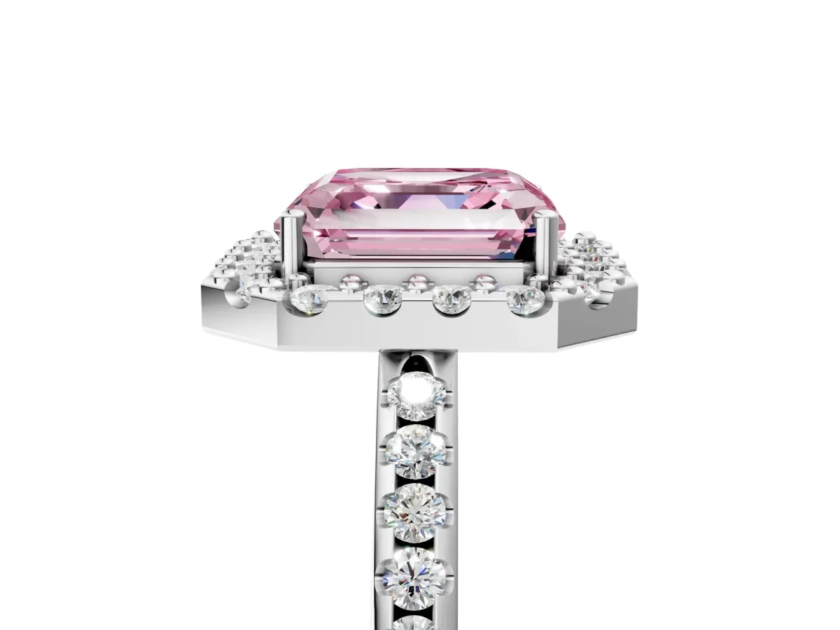 Fancy Pink Asscher Cut Diamond Pavé Halo Ring with Four-Prong Setting Platinum